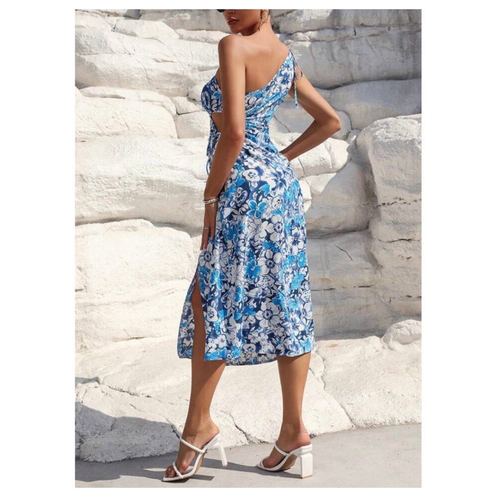 One Shoulder Tropical Midi Sundress White with Blue Florals Medium NIB